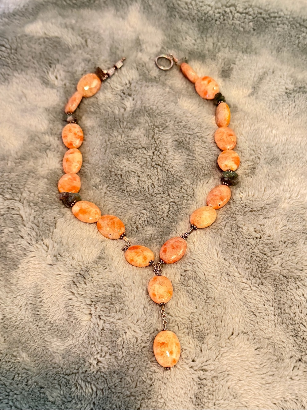Artisan Sunstone & Moonstone Drop Necklace w/ Emerald & Labradorite Accent Beads